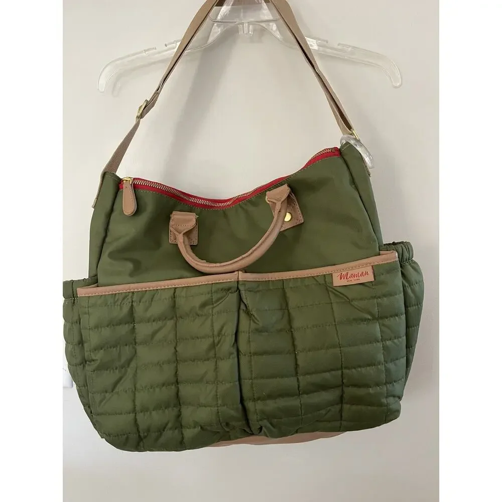 Maman New York Designer Diaper Bag With Matching Changing Pad Green, Tan Handles